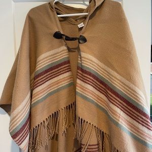 Boho Tan Poncho with Rainbow Stripes + Fringe